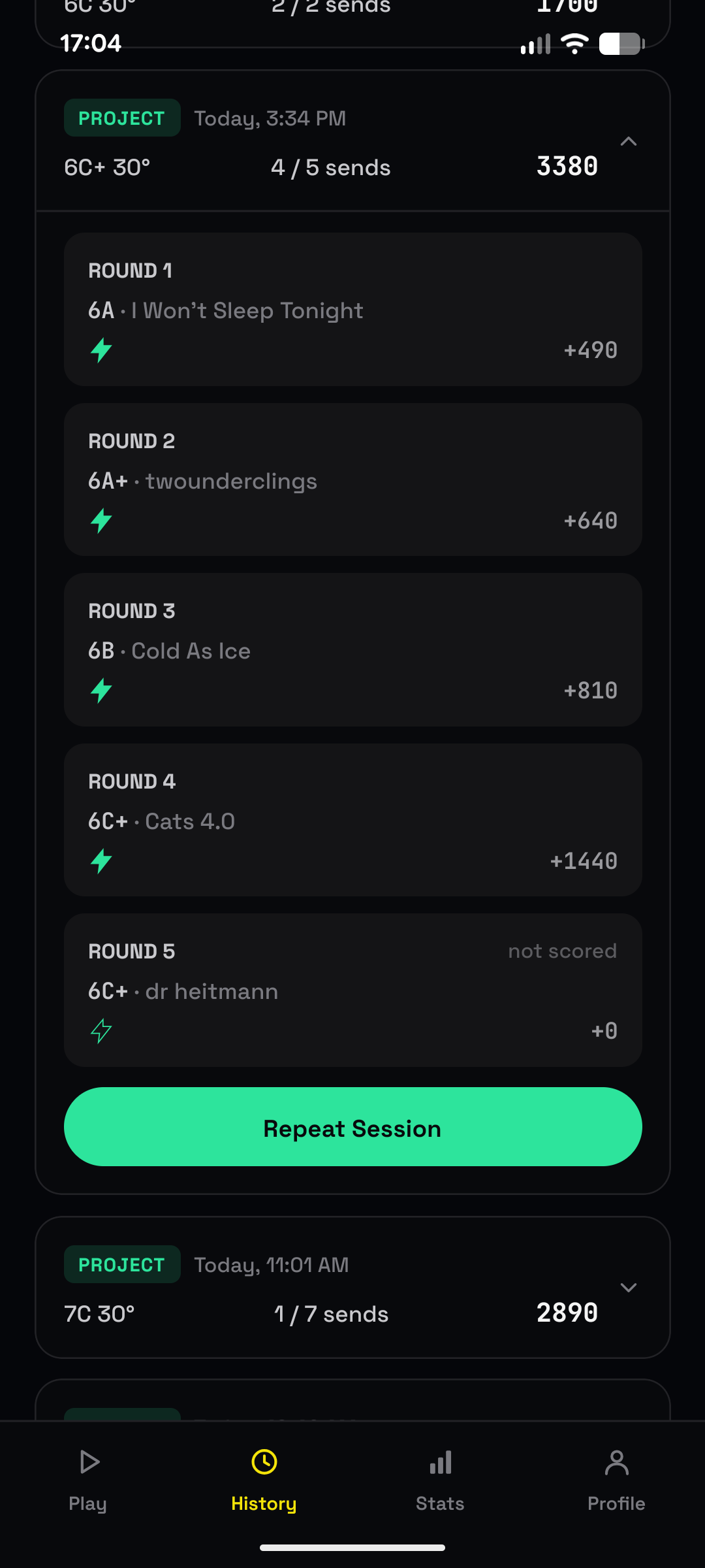 Boulder Blitz session history with round-by-round scores