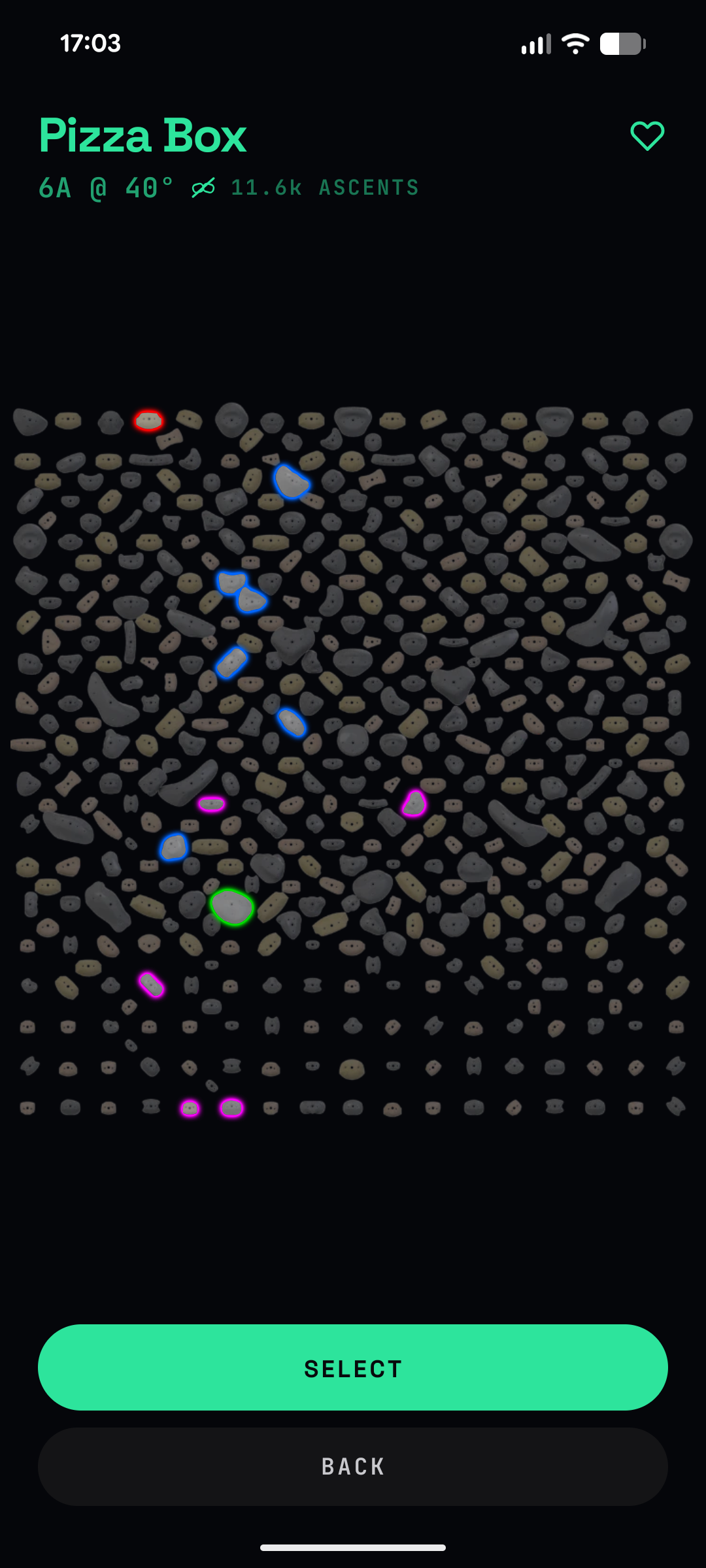 Boulder Blitz climb preview showing colour-coded holds outlined on the board layout for a selected climb