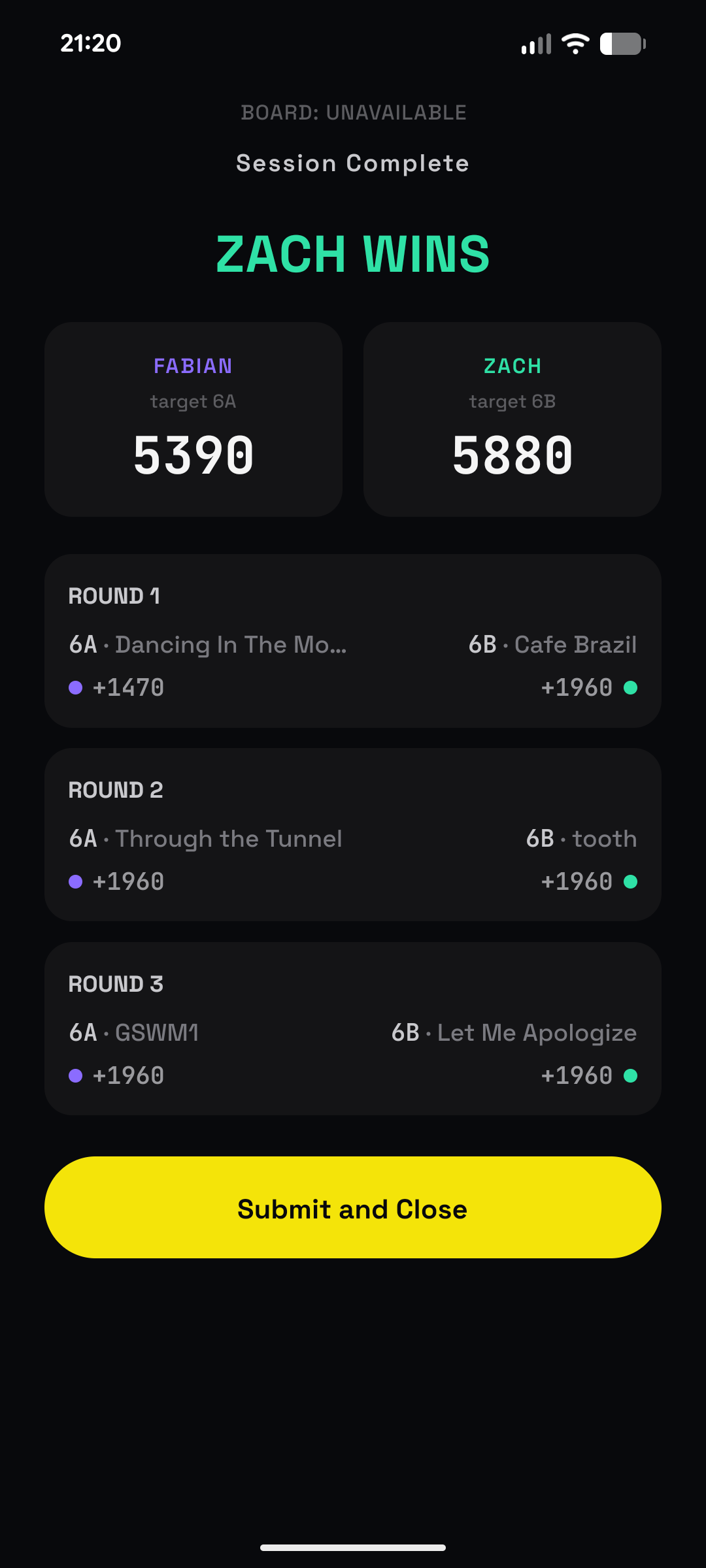 Boulder Blitz Duel Mode session summary showing a Handicap Mode head-to-head result with normalized scores for both players